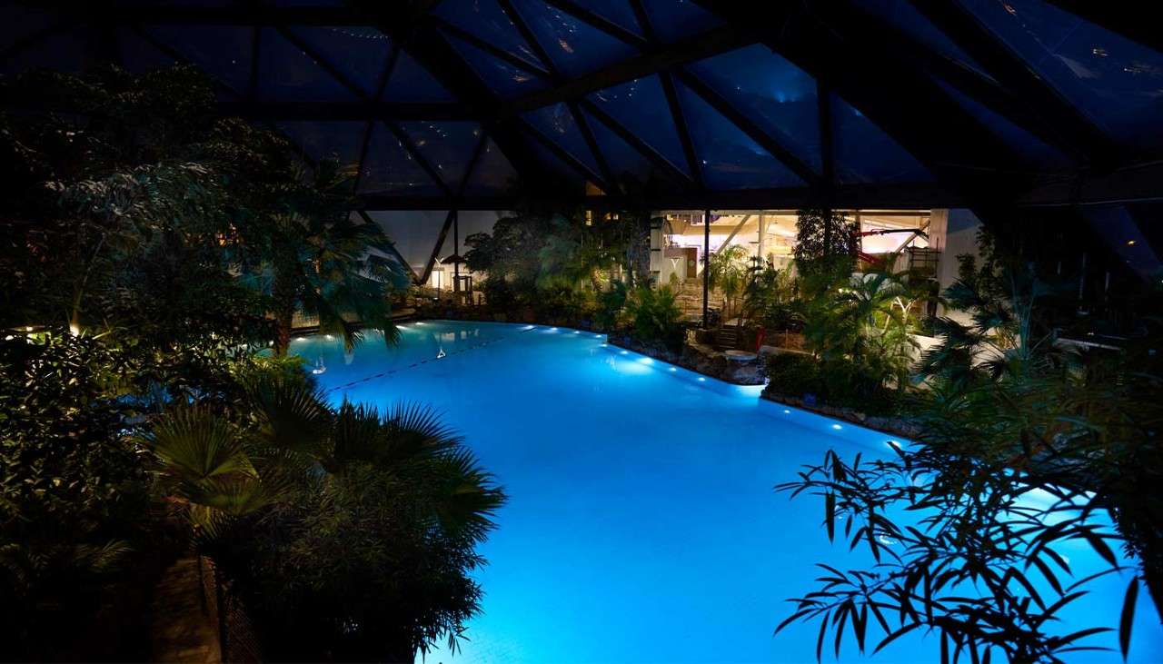 Indoor pool at night 