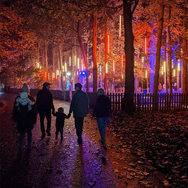 A family walking through the forest at nigh lit up by the Enchanted Light Garden