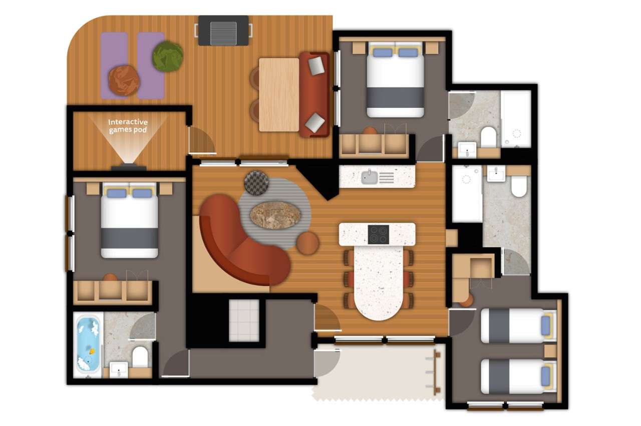 A detailed floor plan illustration of a three bedroom Executive Plus Lodge with interactive games pod. If you require further assistance viewing the floor plan or need further information please contact Guest Services.