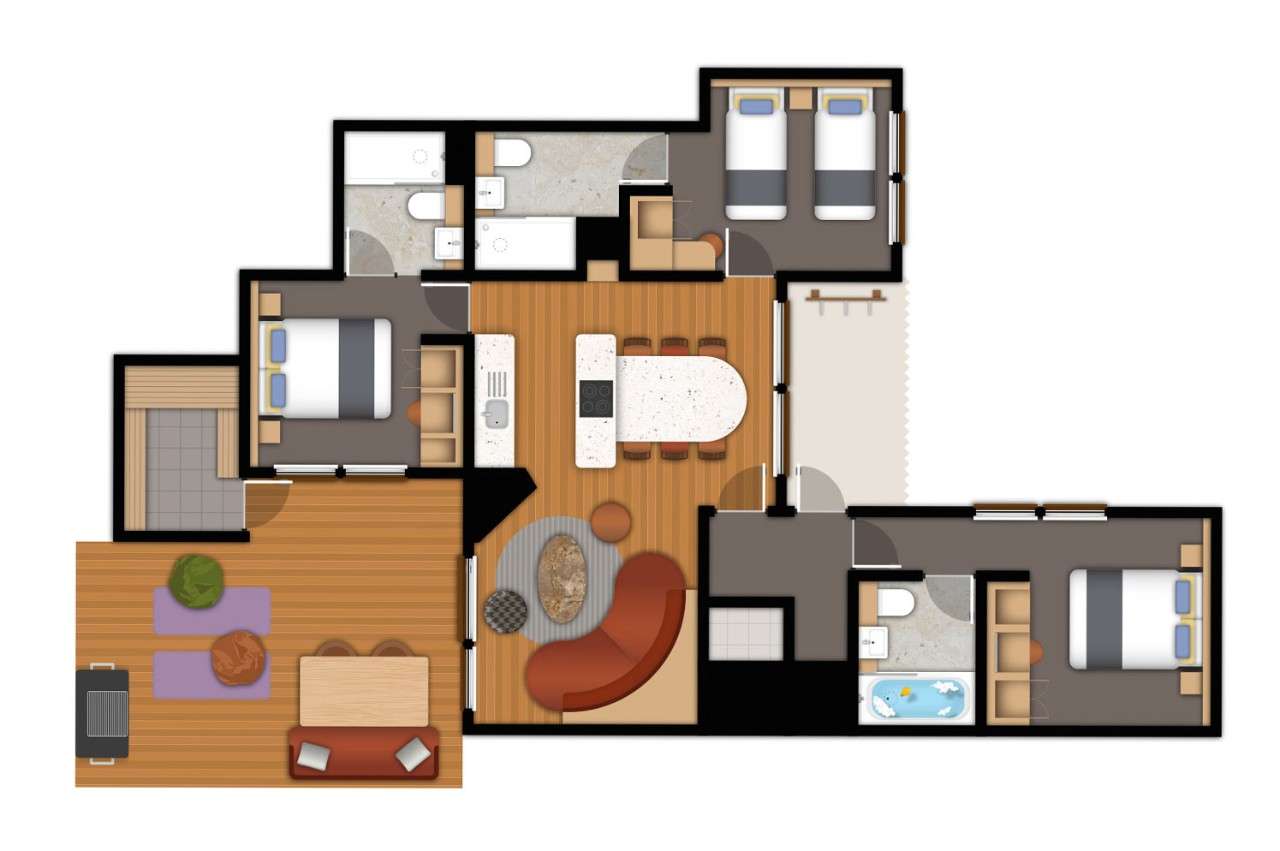 A detailed floor plan illustration of a three bedroom Executive Plus Lodge with sauna. If you require further assistance viewing the floor plan or need further information please contact Guest Services.