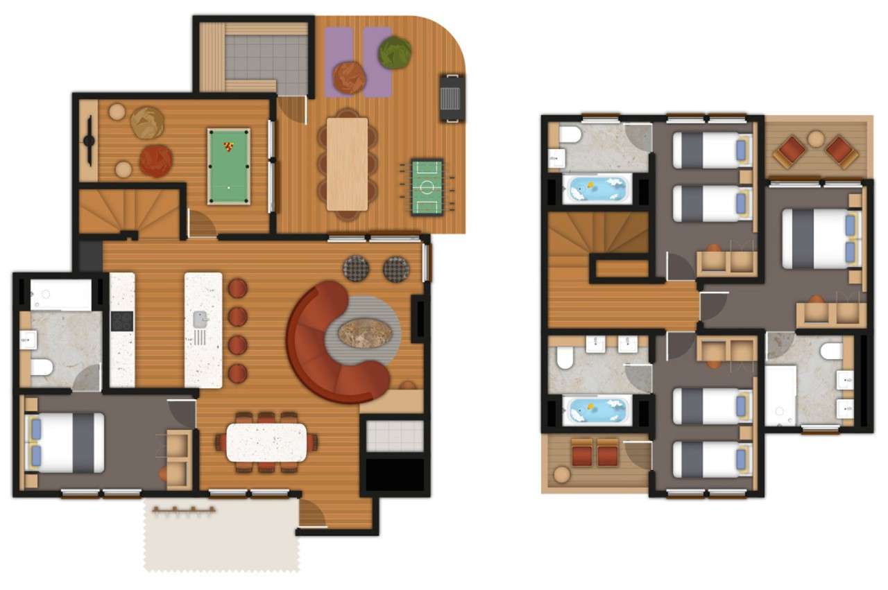 A detailed floor plan illustration of a four bedroom Executive Plus Lodge. If you require further assistance viewing the floor plan or need further information please contact Guest Services.