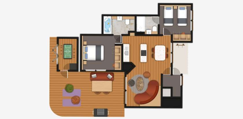 Two bedroom Executive Plus lodge floorplan.