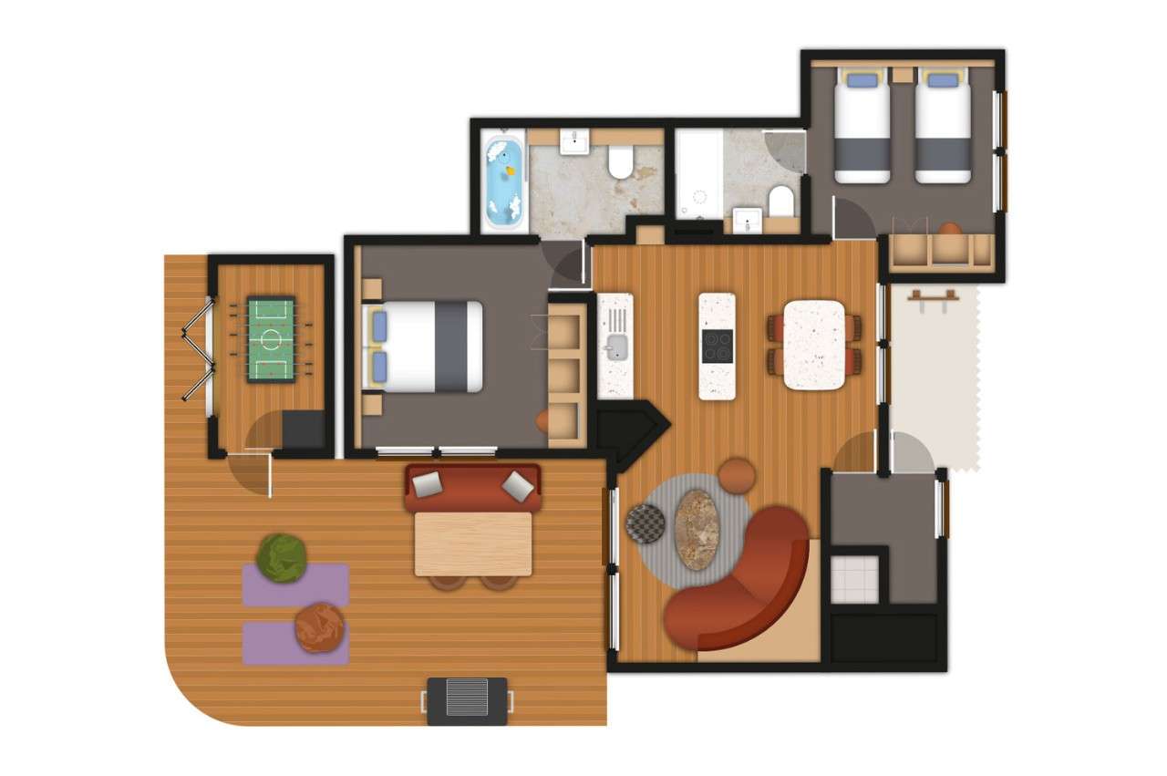 A detailed floor plan illustration of a two bedroom Executive Plus Lodge. If you require further assistance viewing the floor plan or need further information please contact Guest Services.