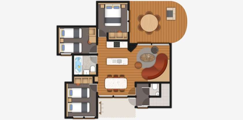 Three bedroom Woodland Lodge floor plan. 