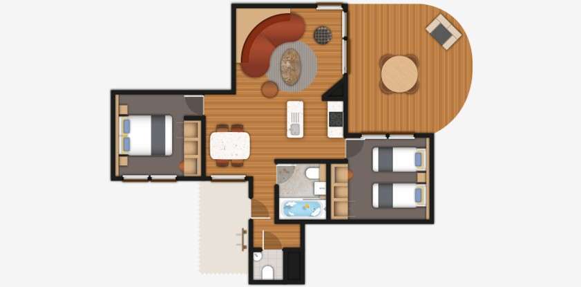 Two bedroom Woodland Lodge floor plan. 