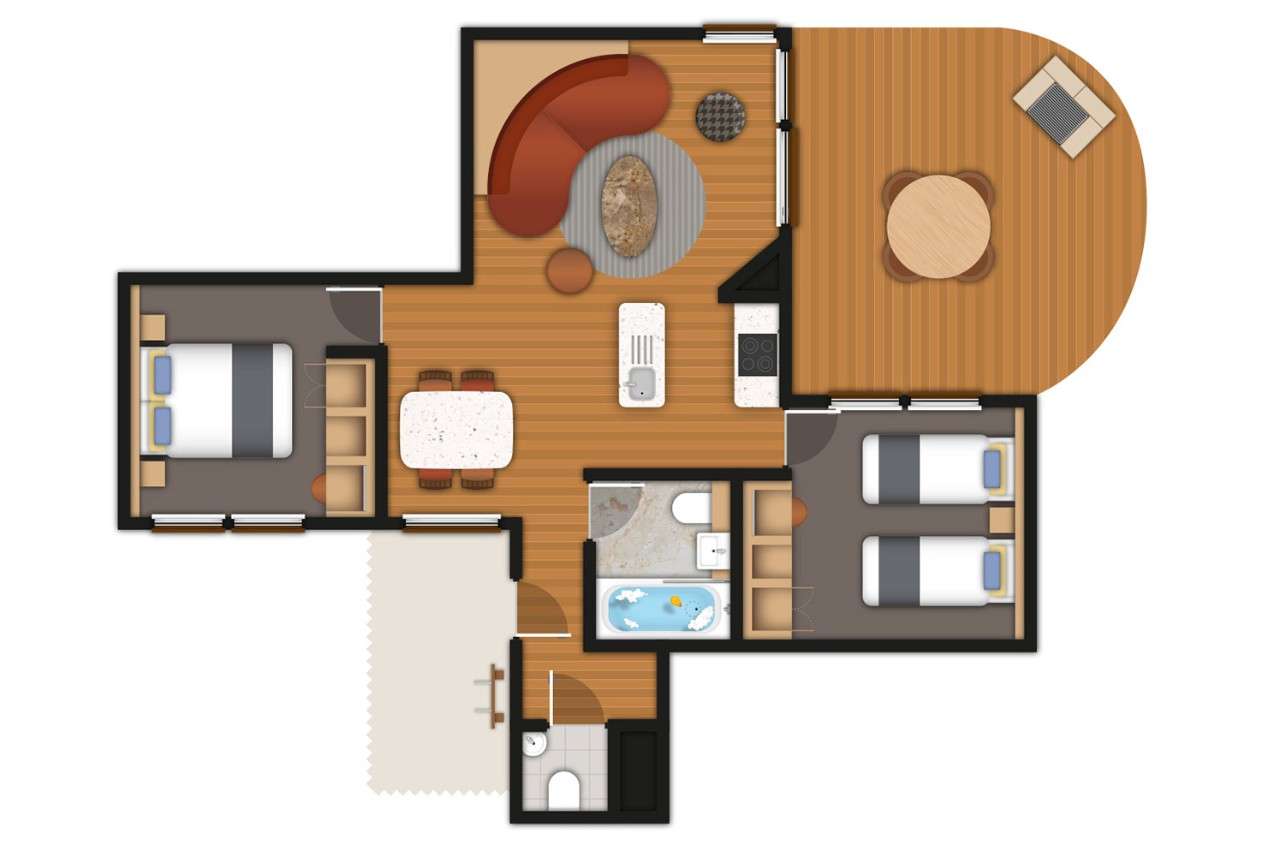 A detailed floor plan illustration of a two bedroom Woodland Lodge. If you require further assistance viewing the floor plan or need further information please contact Guest Services.