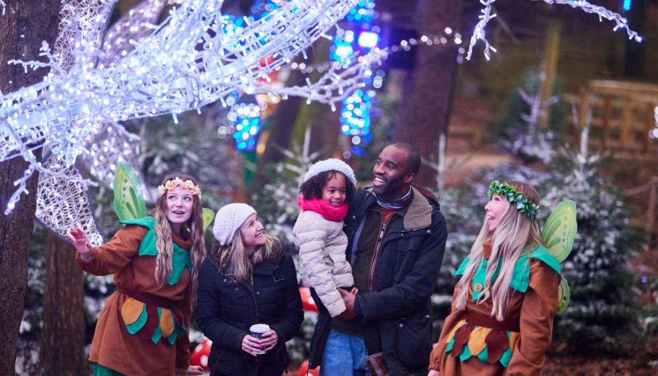 A family wandering through Winter Forest Lights with the pixies.