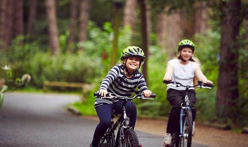 Two young girls cycling in the forest. 