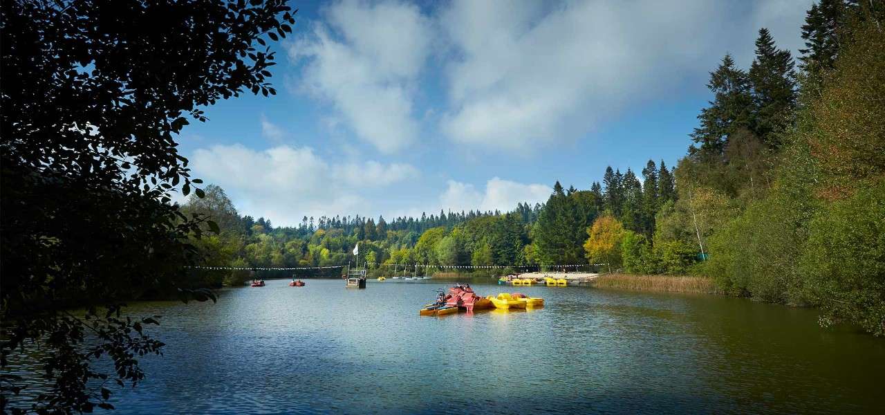 Stunning picture of the Longleat Forest lake with several kayaks dotted around it. 