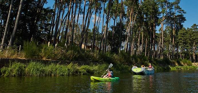 People rowing on lake.