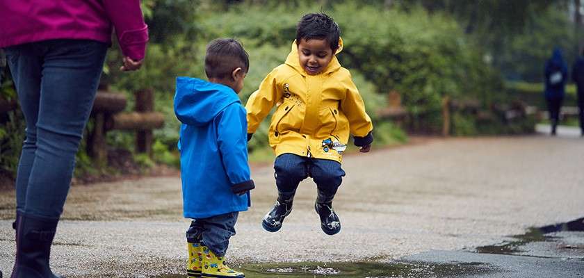 Two young boys playing in a puddle in the forest