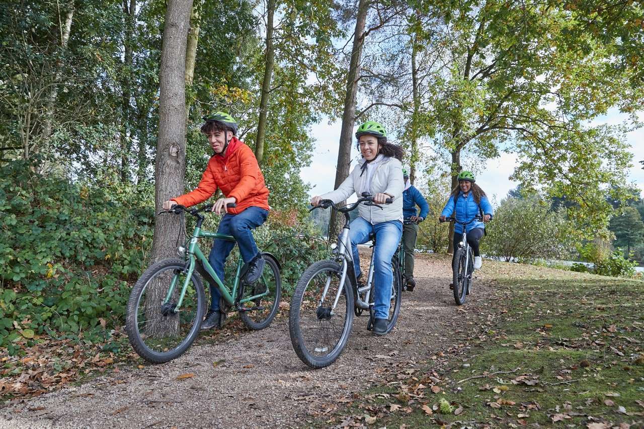 Child with bunny-ear headband crouches and reaches toward the ground, holding a small wicker basket, in a grassy garden bordered by large green ferns and dense foliage.