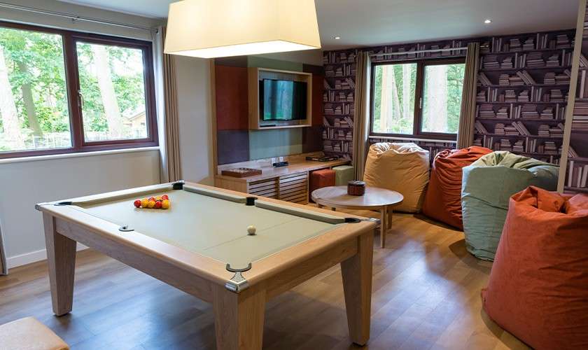 Pool table holds a racked set and cue ball, awaiting play; surrounding features beanbag chairs, round table, wall-mounted TV, large windows with forest views, wood floors, and a hanging light.