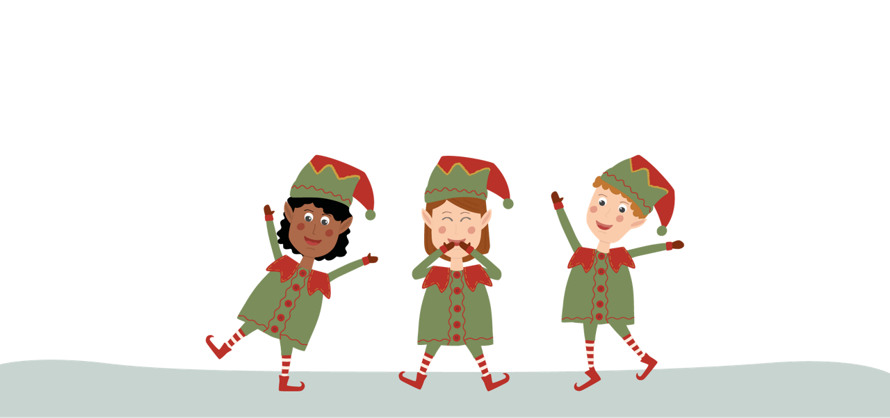 Three cartoon elves dance, smiling with raised arms and lifted feet. They wear green-red hats, long tunics, and striped leggings, standing on pale snowy ground against a blank white sky.