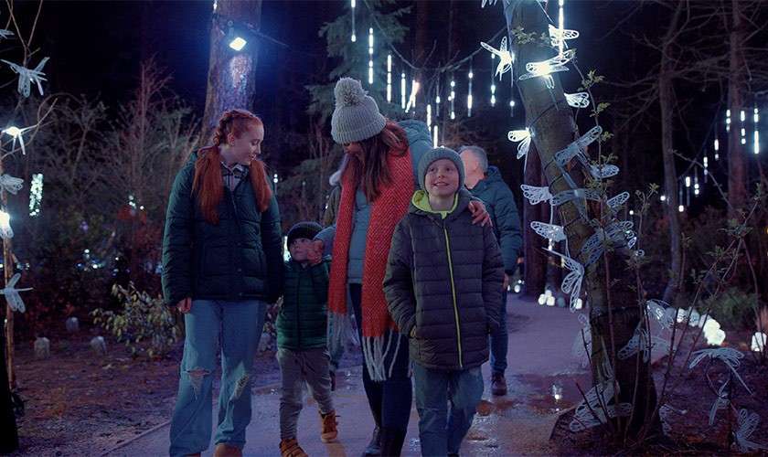 Family group walks, bundled in winter coats, along a night forest path; children smiling as adults guide them, surrounded by hanging glowing light tubes and decorative butterfly lanterns on trees.