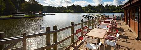 A view of the lake from the outdoor seating area at the Pancake House, Sherwood Forest