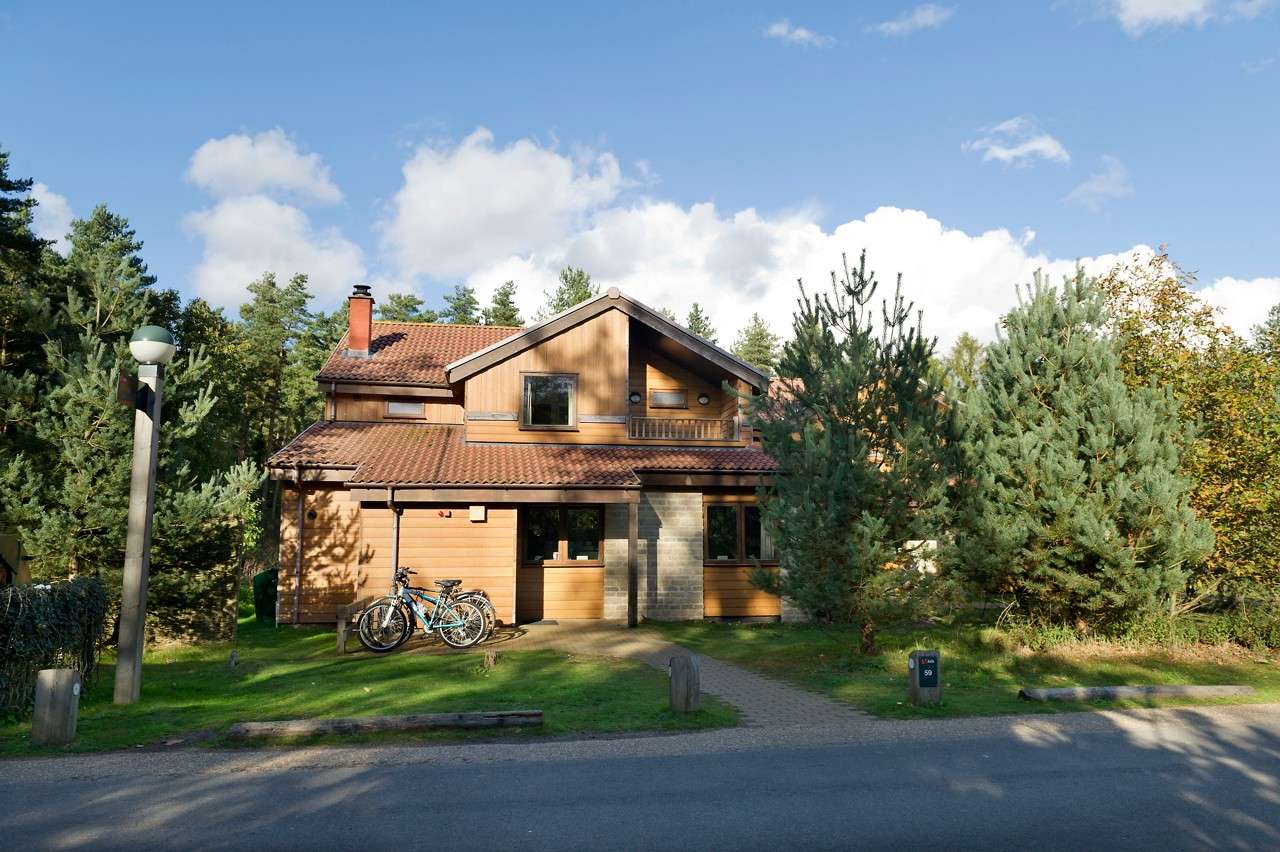 Wooden two-story house stands among tall pines; two bicycles rest by the entrance. A narrow path leads from the road; a small roadside post shows “59.” Sunny day with scattered clouds.