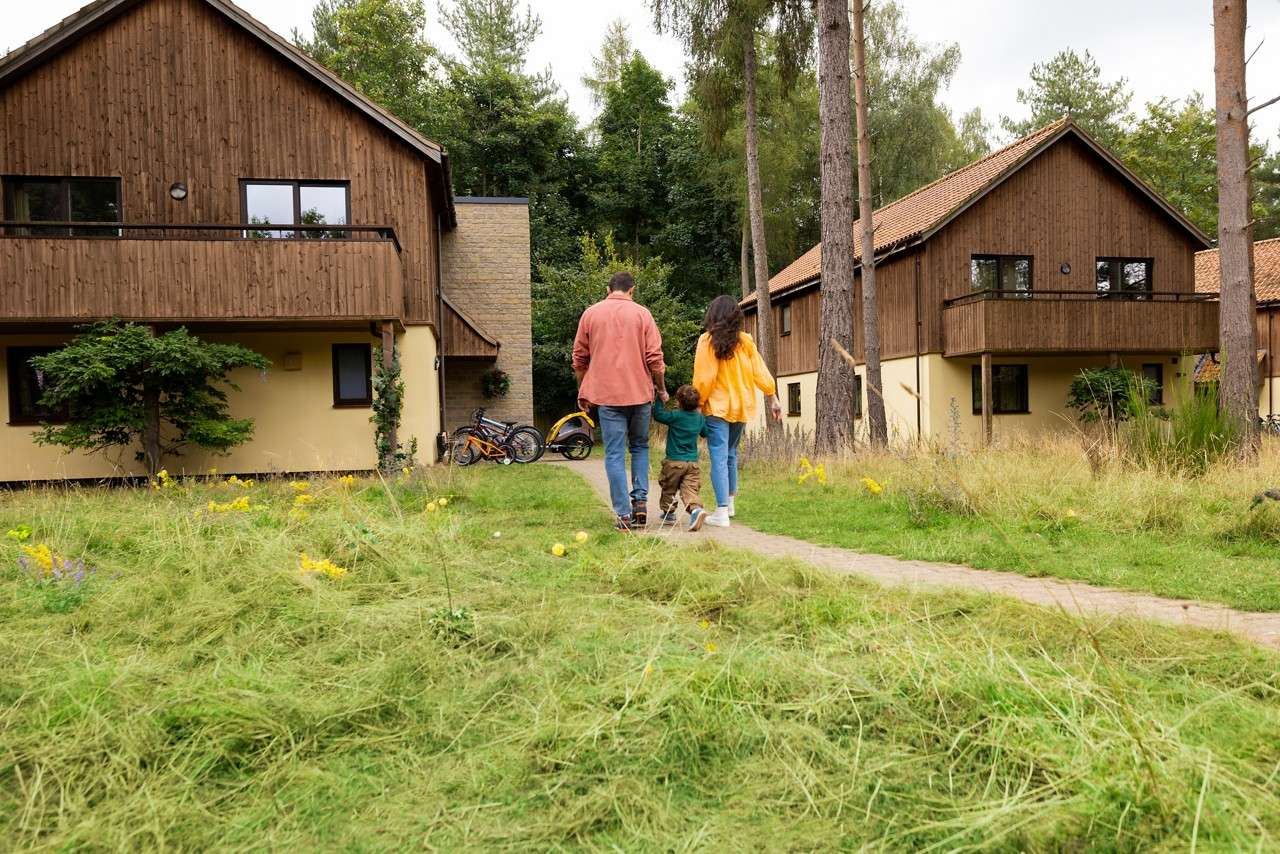 Family of three holding hands walks along a path between wooden, two-story cabins. They head toward bicycles near a doorway. Surroundings: tall grass, scattered yellow flowers, pine trees.