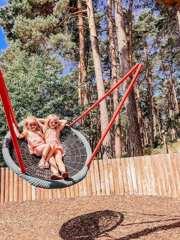 Two children lounge on a large round basket swing, legs crossed, as it arcs forward; red support poles, wood-chip ground, wooden fence, and tall pine trees under blue sky.