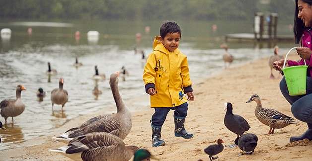 Young boy in a rain mac with his dinosaur umbrella.