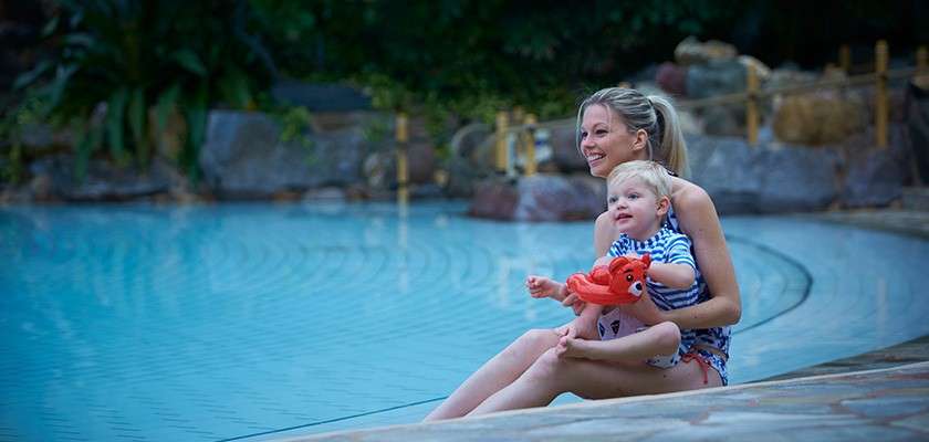 Mum and toddler in the Subtropical Swimming Paradise pool.