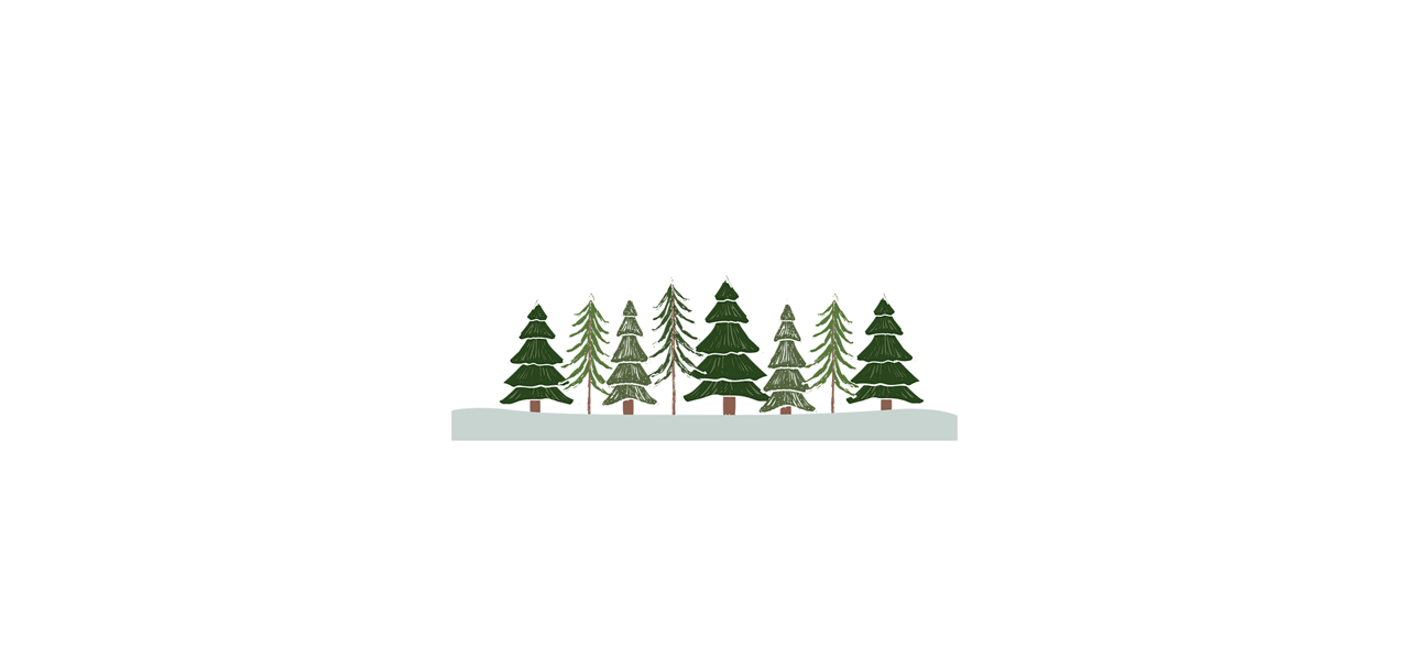 Evergreen trees stand clustered, varying shapes and sizes, on a narrow patch of snow, set against a plain white background.