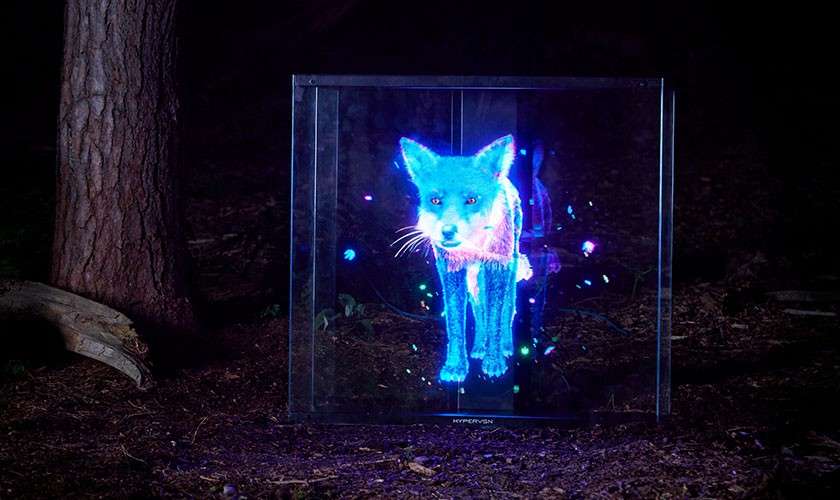 An animated lit up fox in the forest.