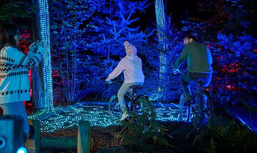 Father and daughter sat on cycles on the light up the forest experience.