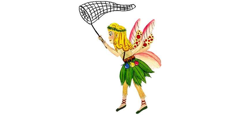 A winged fairy holds a butterfly net aloft, stepping forward to catch something; dressed in a leafy skirt with flower accents and headband, against a plain white background.