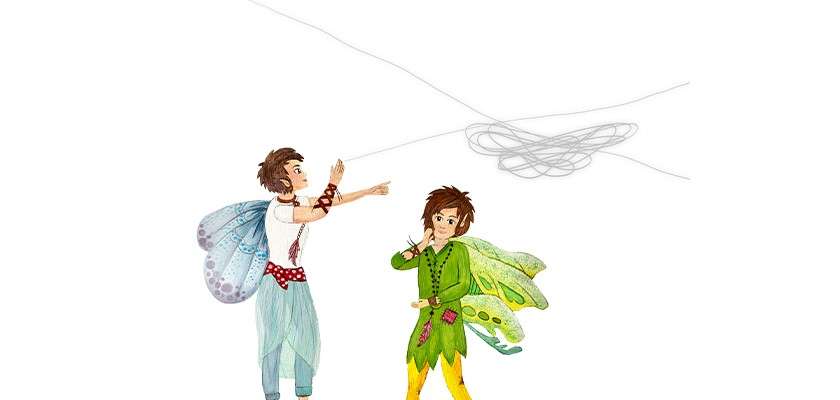 Two childlike fairies watch a tangled string overhead; one with blue wings and light pants points upward, the other with green leaf-like wings ponders, standing against a blank white background.