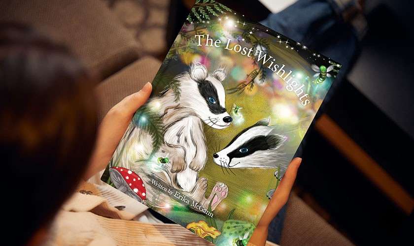 A children’s book is held open; illustrated badgers glow among fireflies. In a cozy indoor seat, a reader looks down. Text: The Lost Wishlights. Written by Erika McGann.