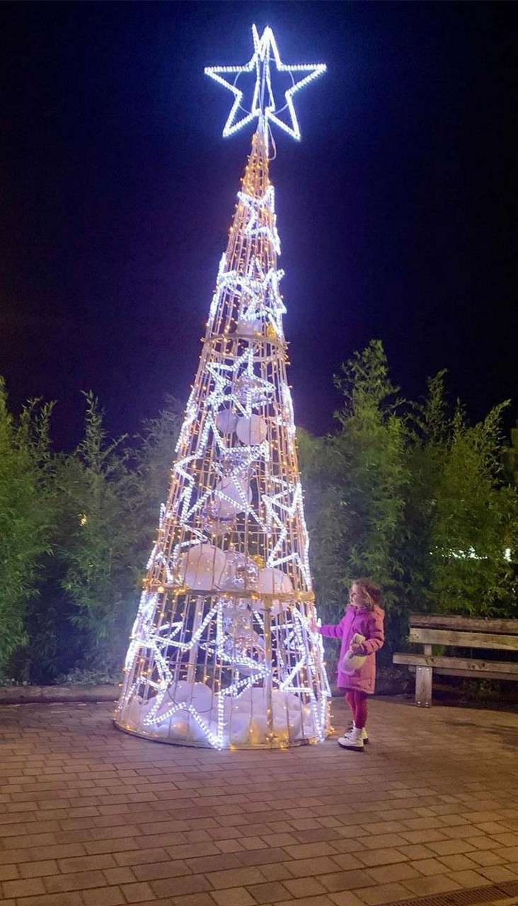 A girl stood next to a lit up tree with stars on.