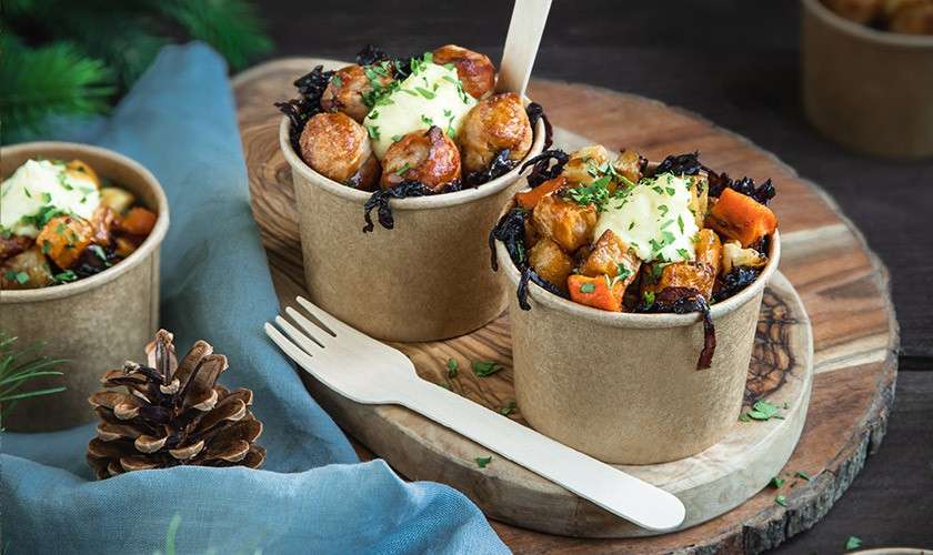 Savoury and Veggie pots with a cardboard fork and a pinecone on a table
