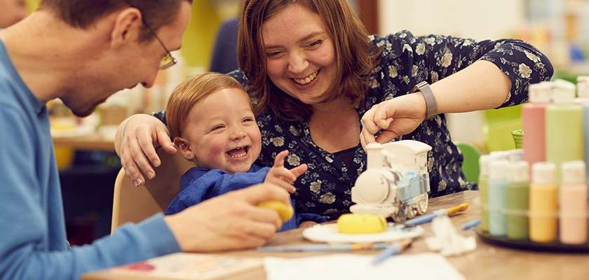 A family doing pottery painting together.