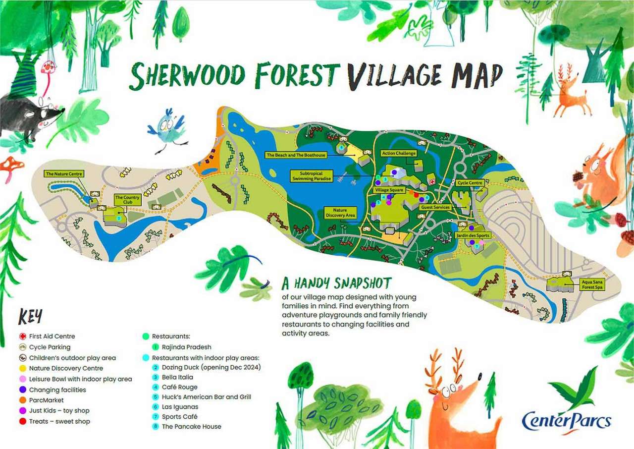 Sherwood Forest Village Map with children's illustrations.