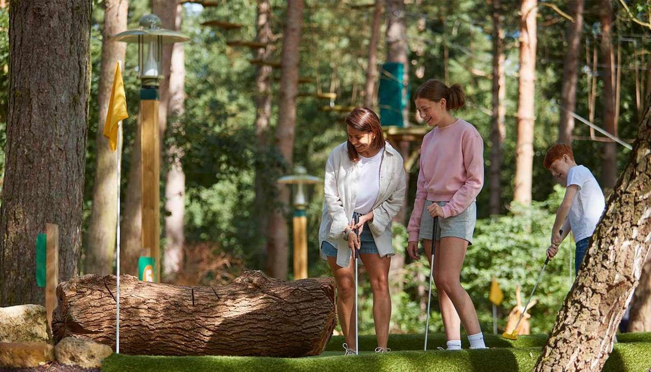 Three children putt mini-golf balls, concentrating on a hole. One aims near a large log obstacle; others watch. The course sits outdoors in a wooded park with flags and lamps.