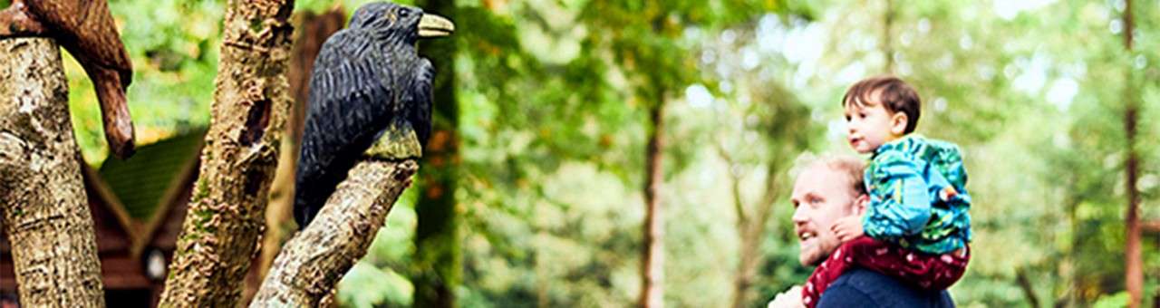 A father carrying his son on his shoulders whilst looking at a wooden crow in the trees