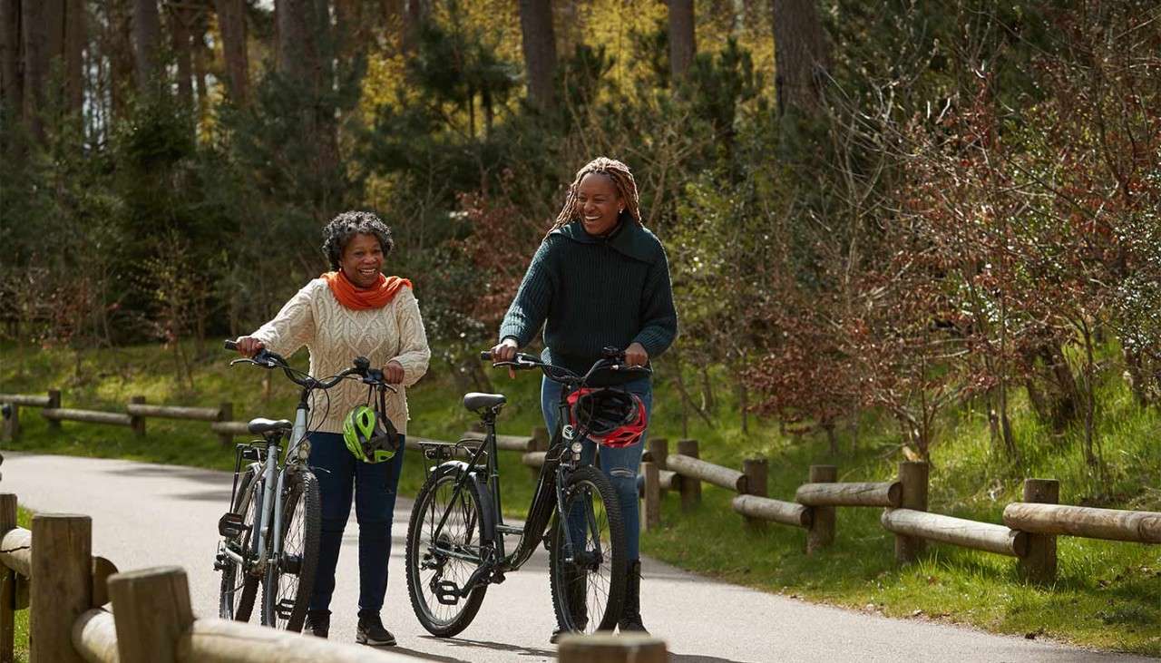 Two adults walk with their bikes through the forest together 