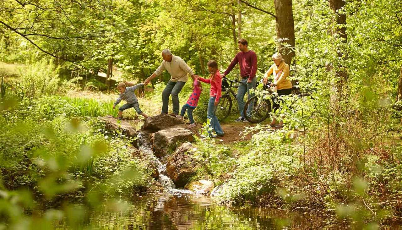 Grandparents help their grandchildren cross a stream 