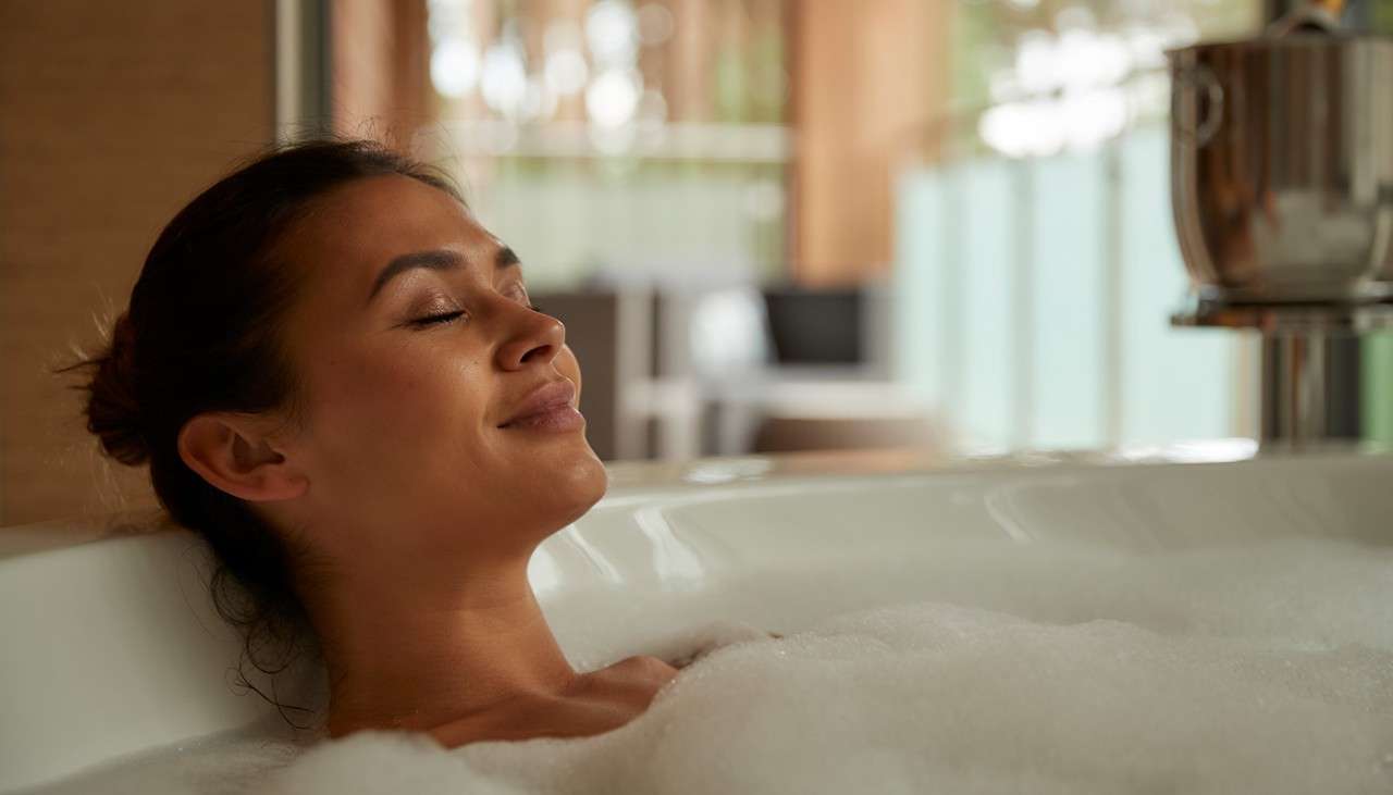 A woman in a bubble bath in a Spa SUite
