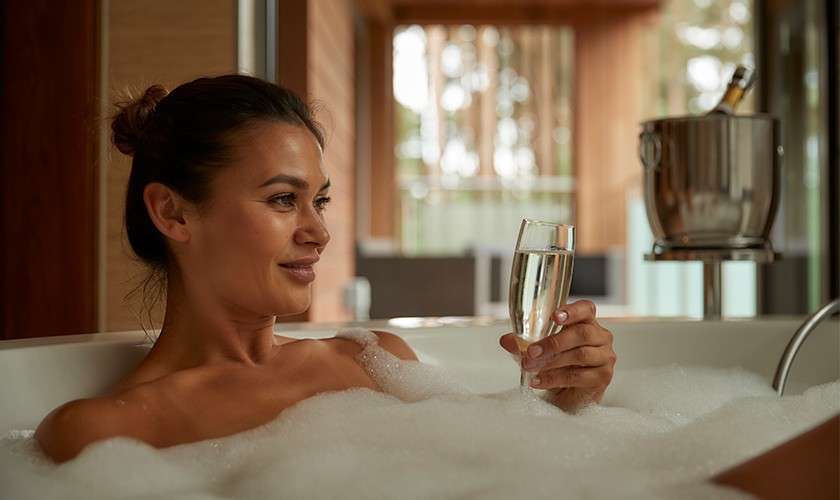 A woman holding a glass of champagne whilst in a bubble bath.