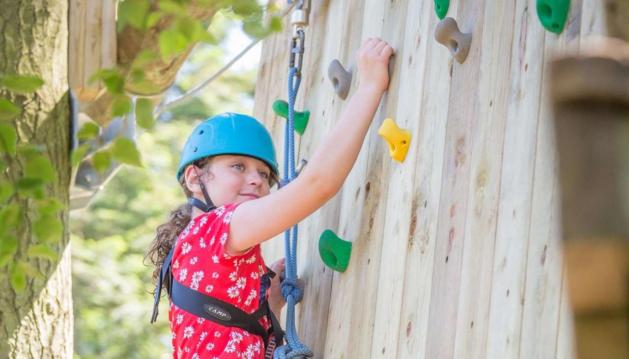 Young girl scaling a climbing wall in the trees.