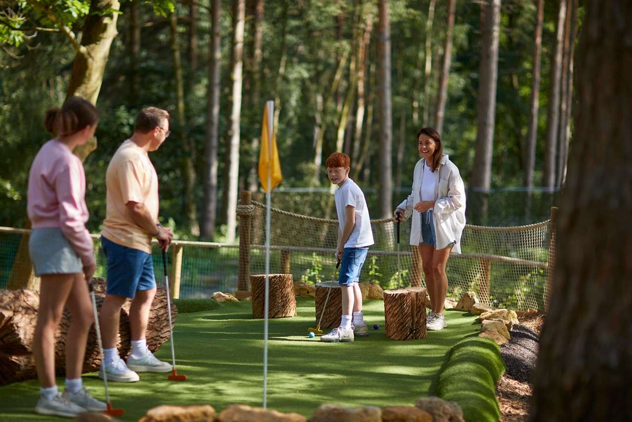 Family of four plays mini-golf, putting toward a hole with a yellow flag; wooden stump obstacles line the turf course, enclosed by rope fencing amid tall forest trees.
