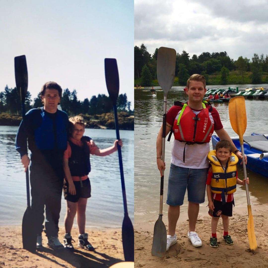 Two life-jacketed pairs hold kayak paddles, posing on a sandy lakeshore; left is an older photo, right a recreation with a grown child and his child. Text: PEAK UK.