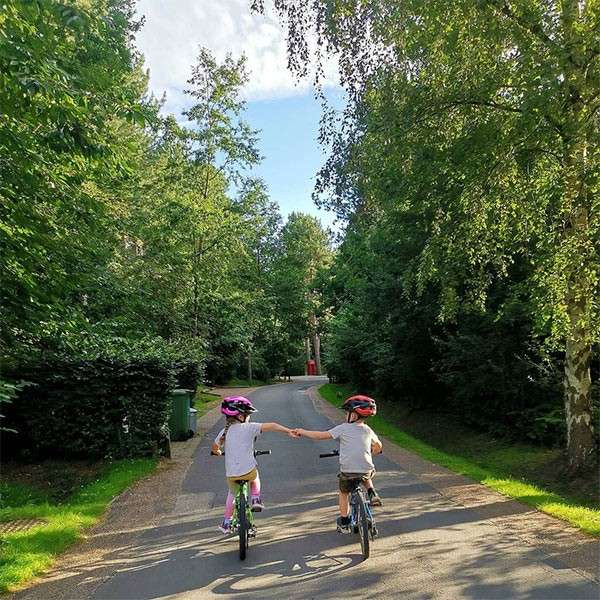 Two young children cycling along a road in the forest.