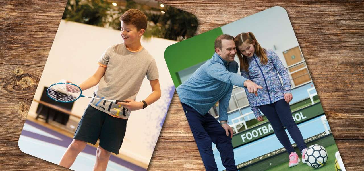 Split image with someone playing Badminton and a family taking part in Football Pool.