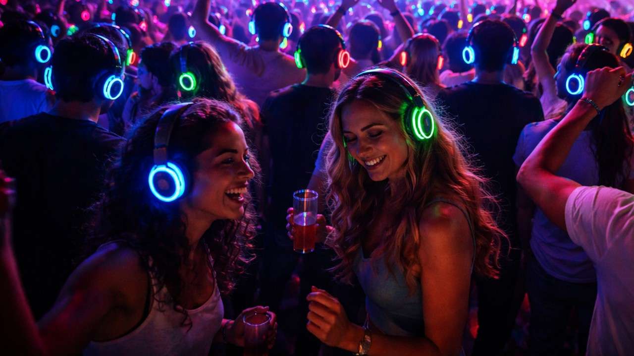 Crowd of people wearing glowing headphones.