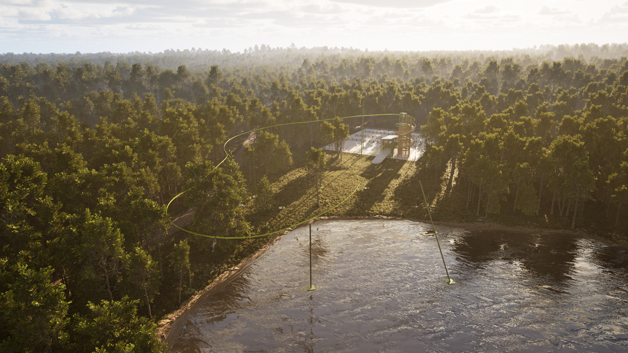 CGI image of a person flying through the sky on the Treetop Glider activity