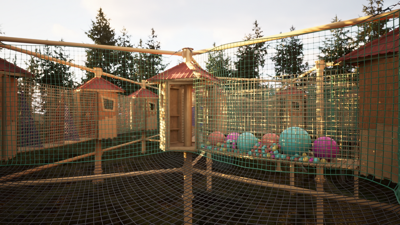 3D render of a net arena suspended in the trees.