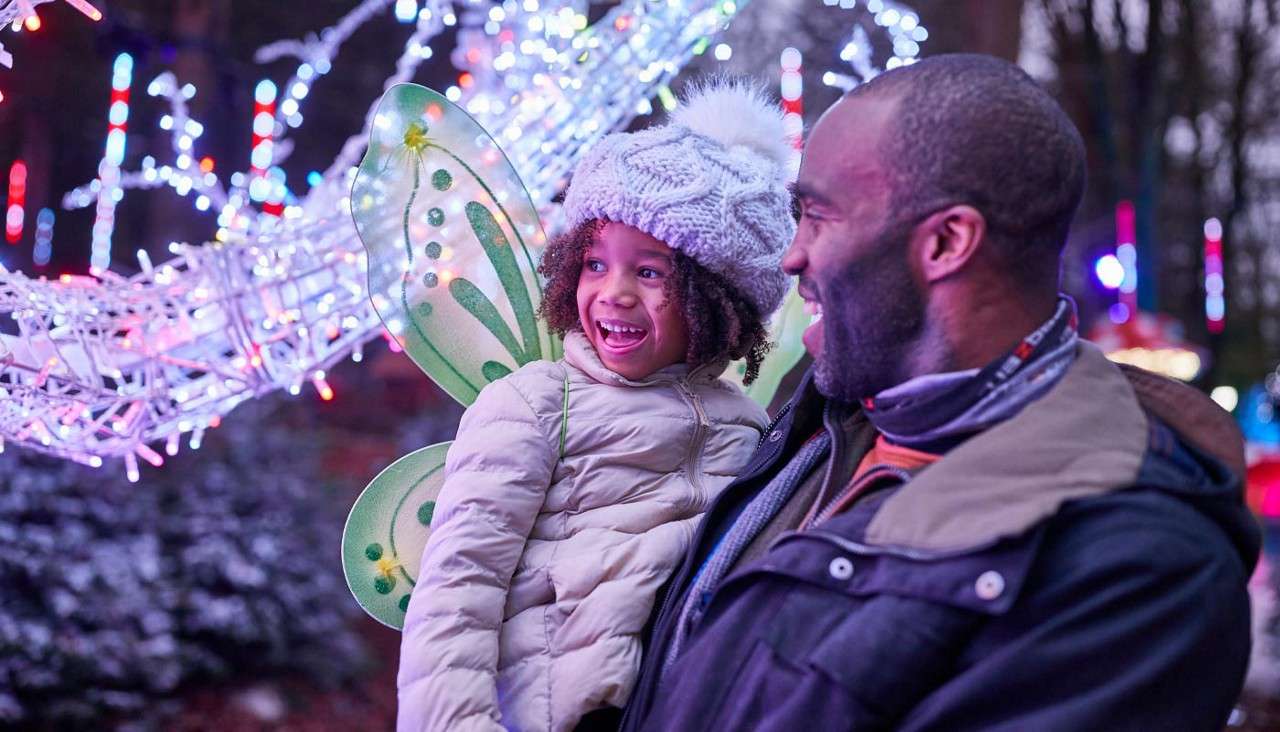 Young girl, dressed as a fairy, being carried by her father.